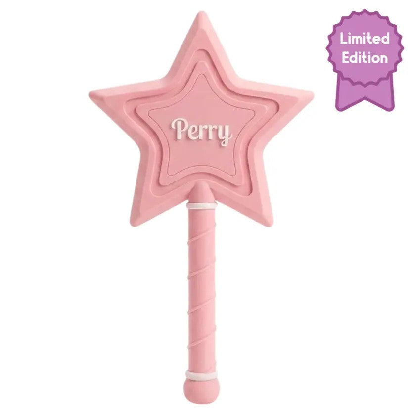 Personalized 3D printed pink fairy pay wand with a star holding a contactless credit card