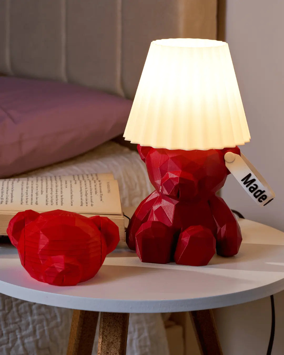 Personalized burgundy 3D printed prismatic teddy boi bear lamp and matching burgundy coasters bundle set
