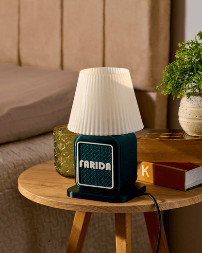 3D printed vintage retro radio table lamp with a personalized name plate and pleated shade