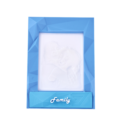 Blue picture frame with 'Family' text on a white background