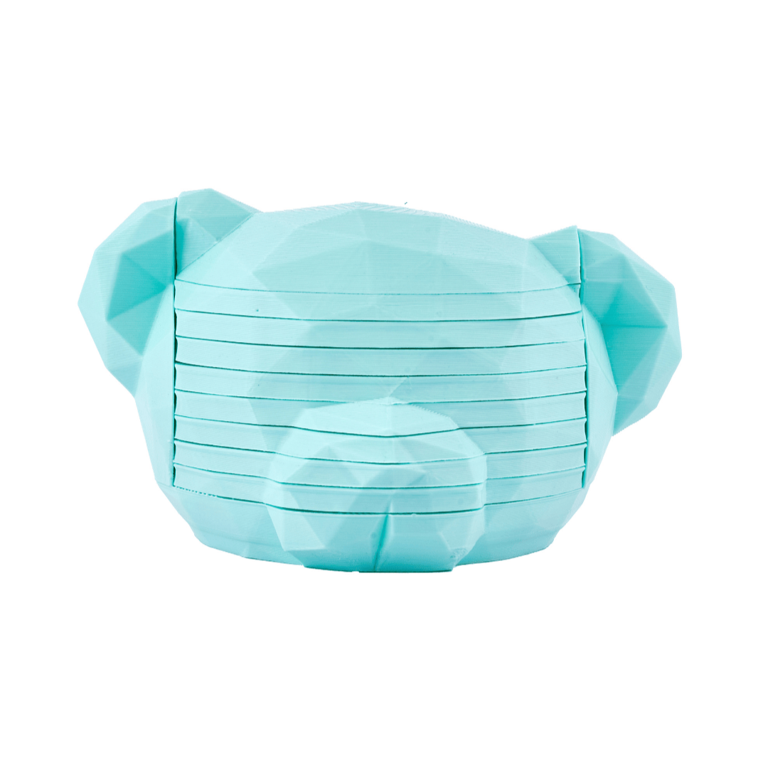 Turquoise teddy boi coasters in it's dock on a white background