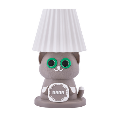 Cat-shaped night light with a white lampshade on a white background