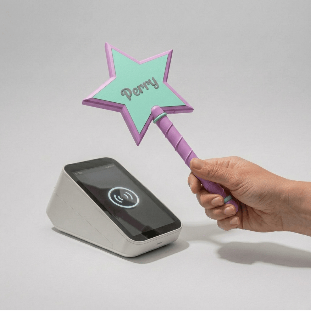 Hand holding a fairy pay wand with 'Perry' on it, pointing at a POS with a screen and symbol.