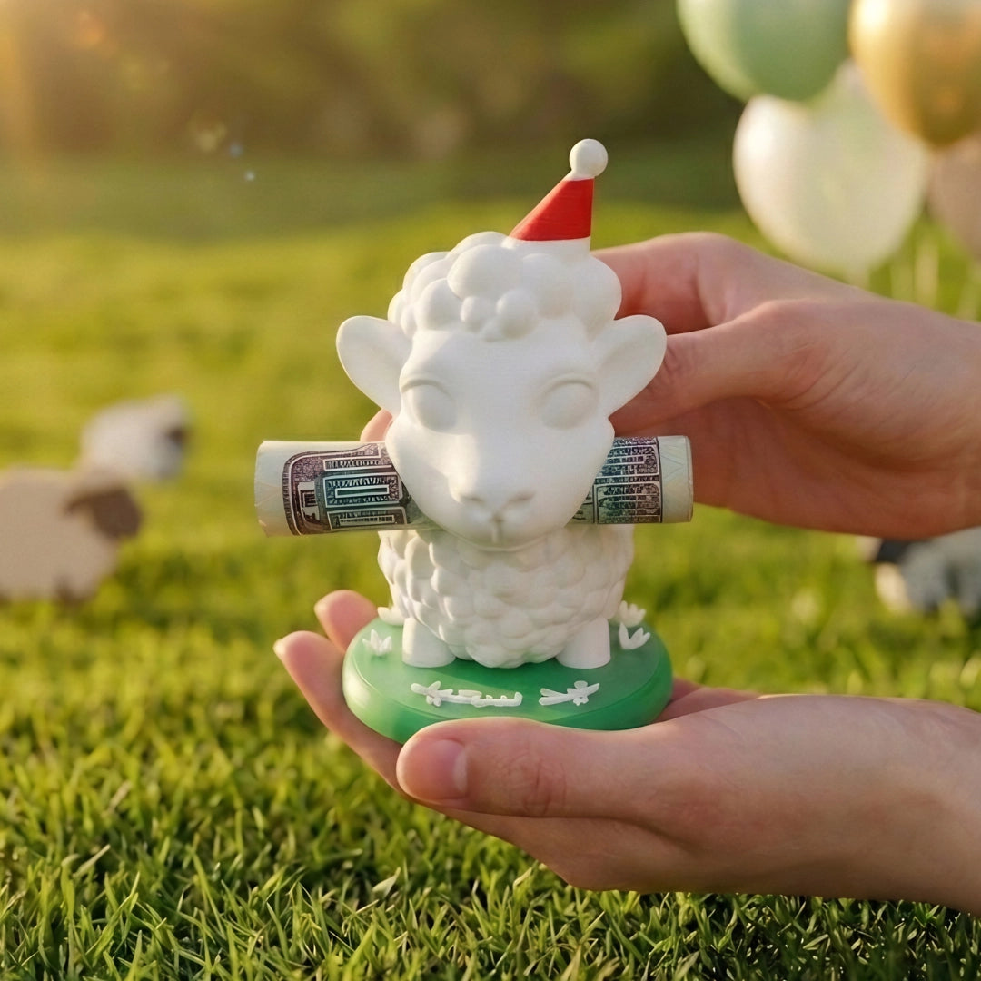 Personalized 3D printed sheep meadow money holder with a custom name on a green grass base