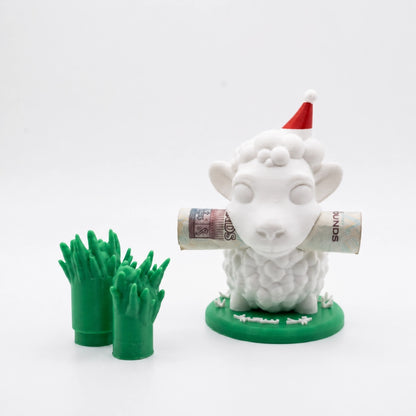 Personalized 3D printed sheep meadow Eidiya money holder with a custom name on a green grass base